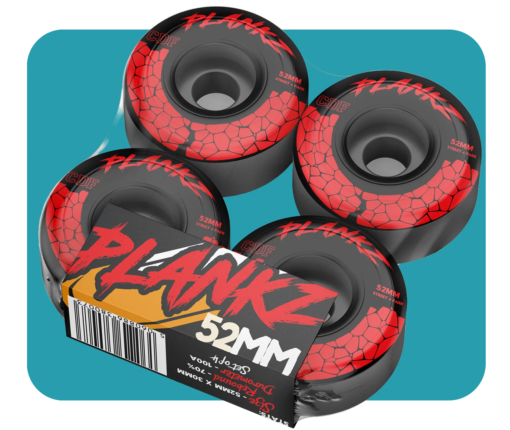 Plankz 52mm skateboard wheels with red graphics beside their printed packaging