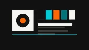 A modular grid of shapes, colour swatches and type blocks, representing a brand identity system
