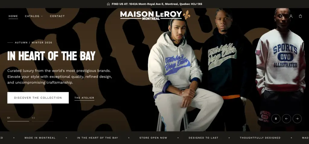 Maison LeRoy website: dark, image-led homepage showing the clothing collection
